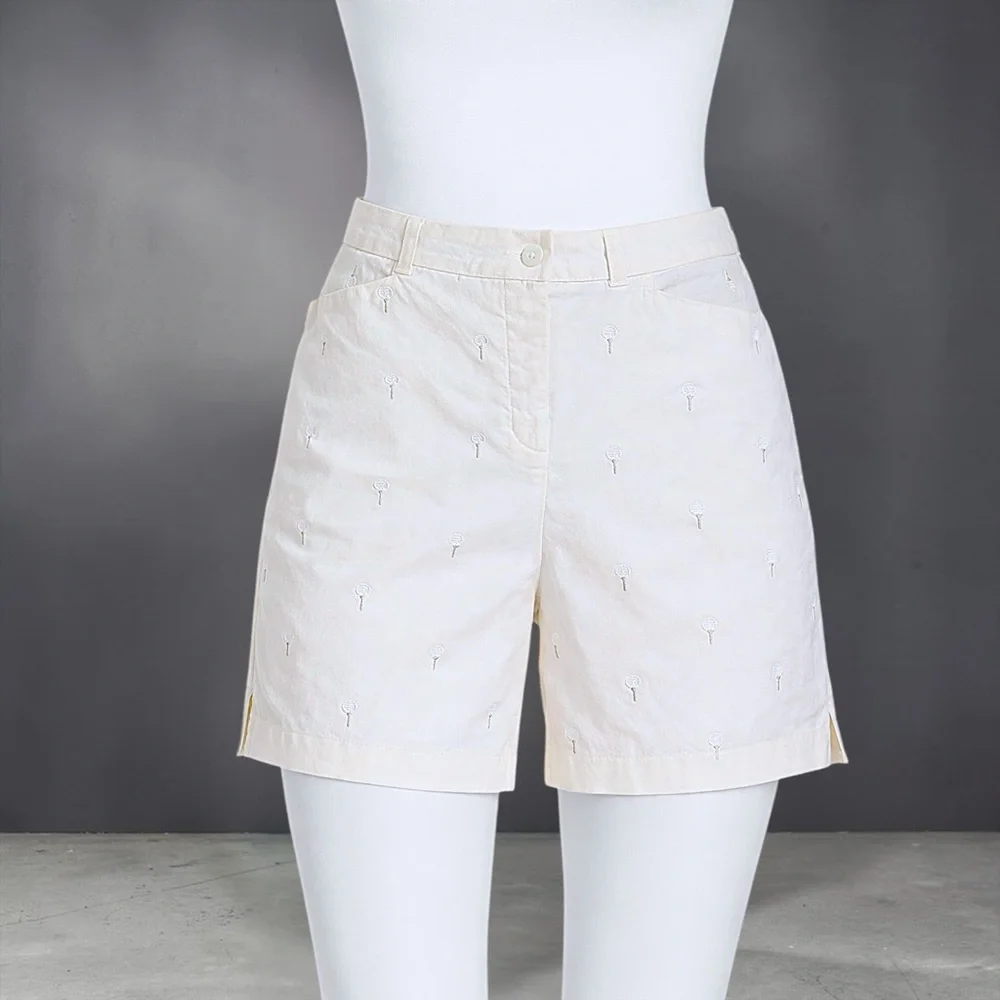 Women's Cream Embroidered Cotton Shorts